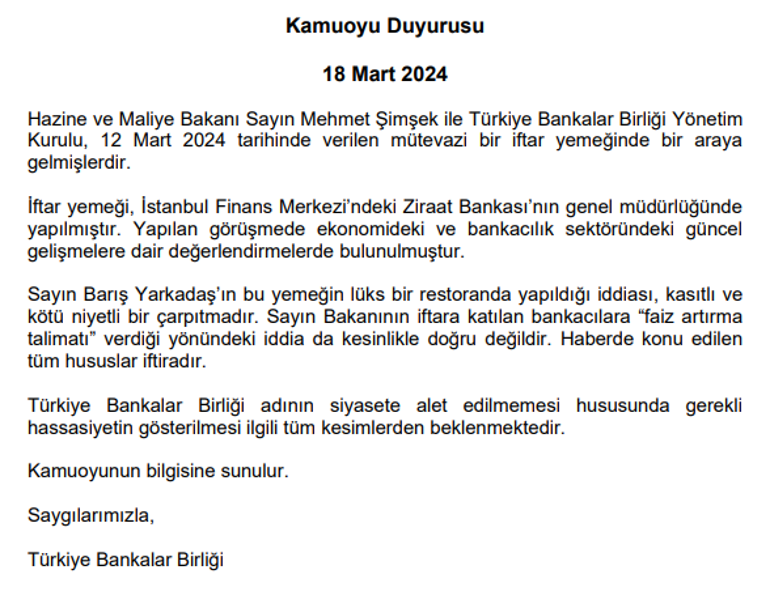 TBB: Bakan Şimşek ile Yapılan İftar Hakkında Açıklama