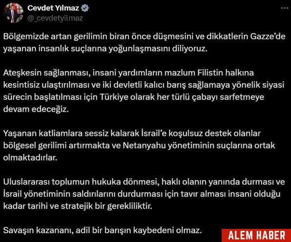Cevdet Yılmaz: Filistin Halkına Destek Devam Edecek