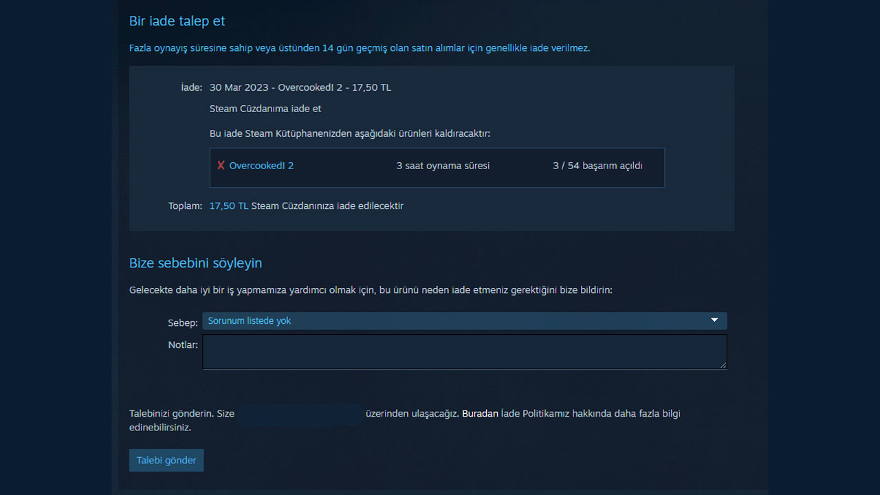 Steam Oyun İade Etme