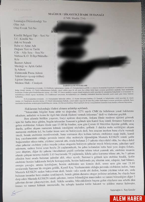 Samsun Seyahati Sırasında Şoför Tarafından Darp Edilen Çocuk Şikayetçi Oldu